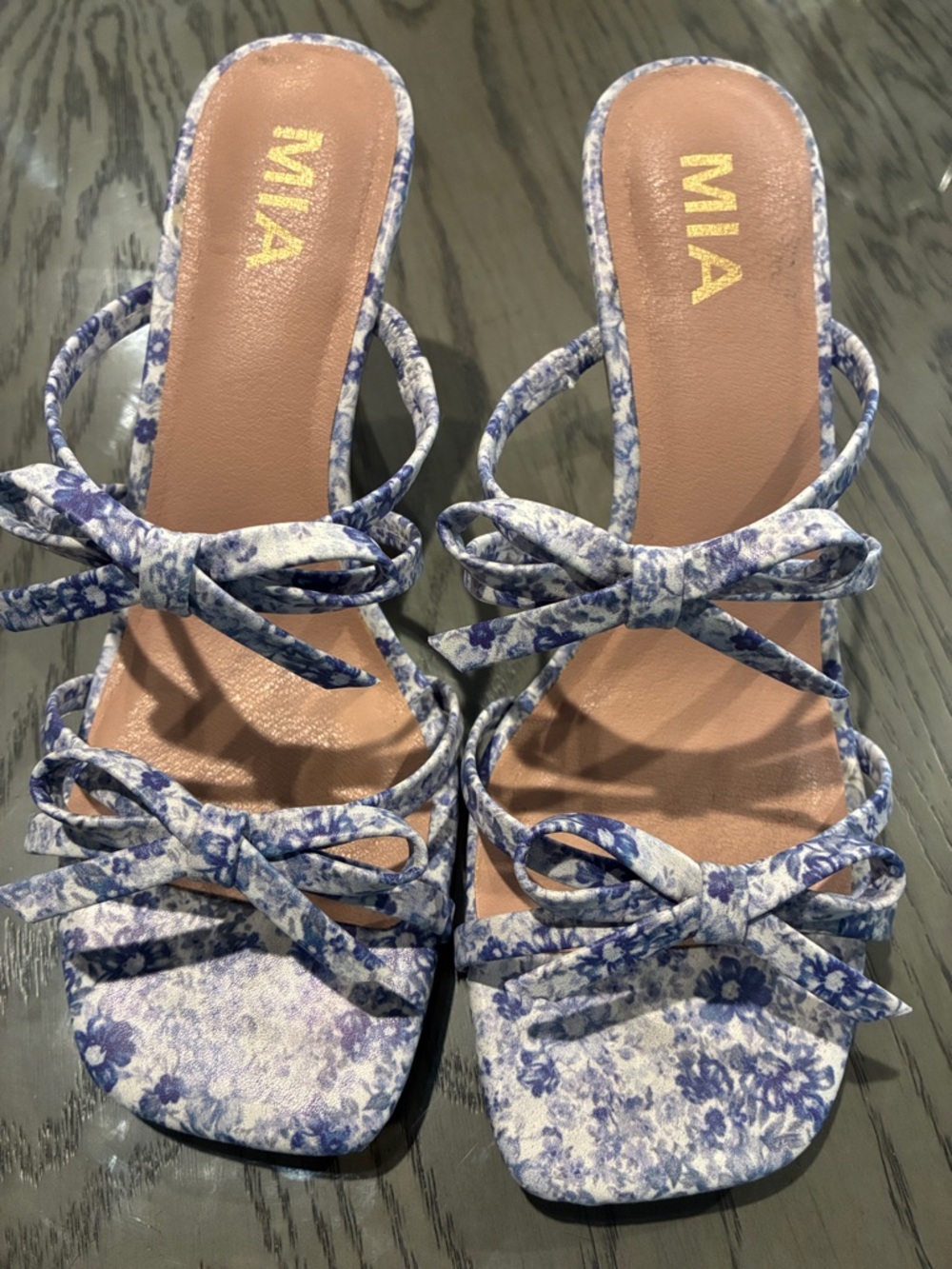MIA Blue and White Floral Bow Strap Slide Sandals